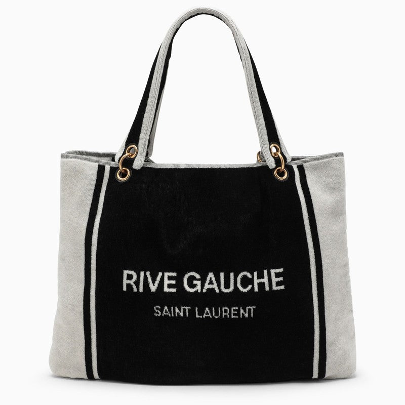 Saint Laurent Black and White Rive Gauche Tote in Terry Cloth Glam Steals