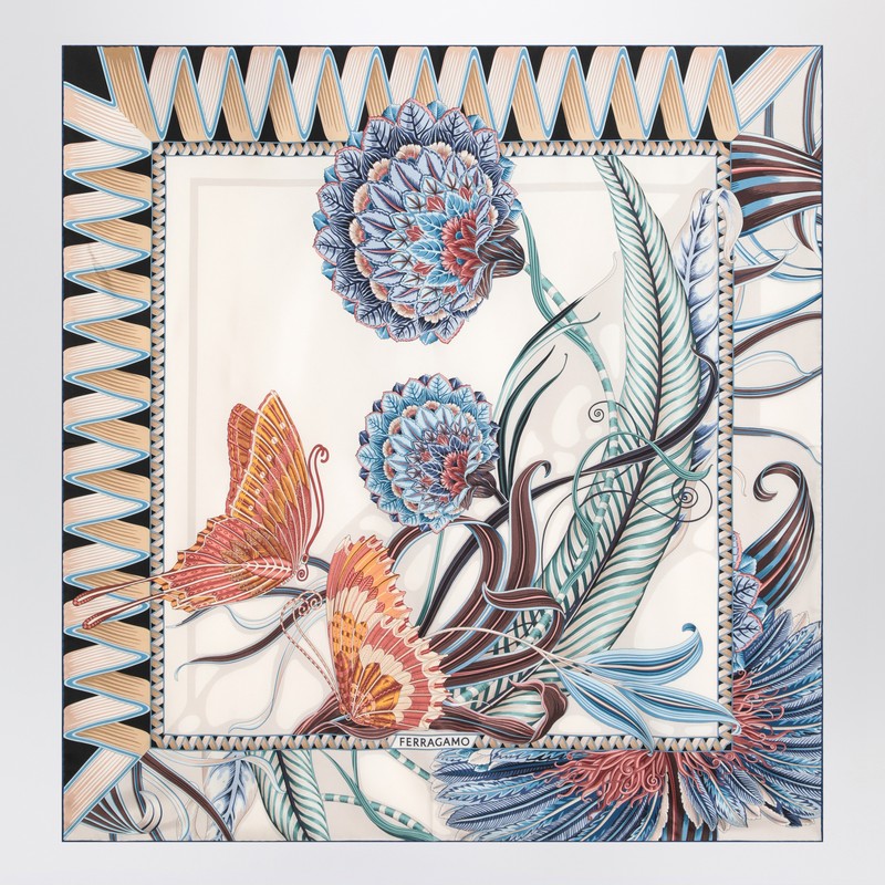 Salvatore Ferragamo Silk Ivory/blue Scarf with Giada Print Glam Steals