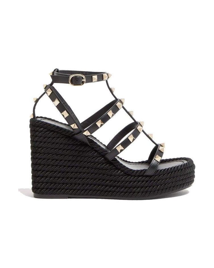 Valentino Garavani Black Calfskin Wedge Sandals