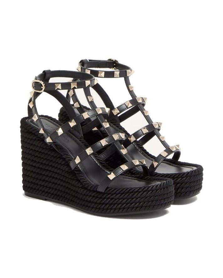Valentino Garavani Black Calfskin Wedge Sandals