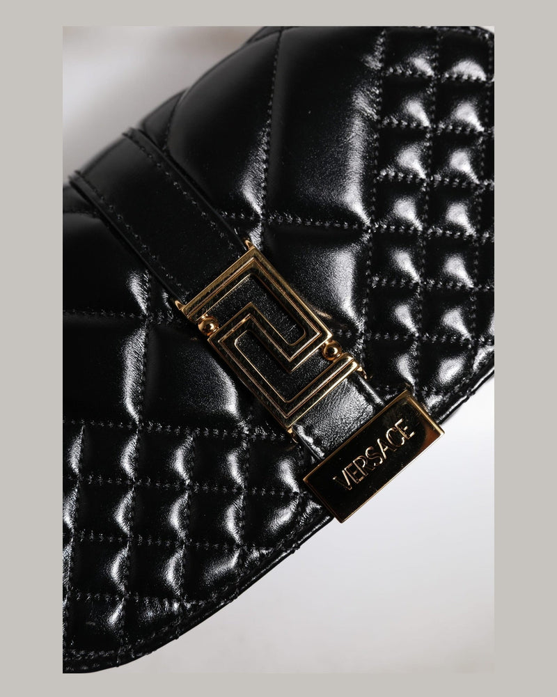 Versace Black Leather Calf Quilted Shoulder Strap Bag Glam Steals
