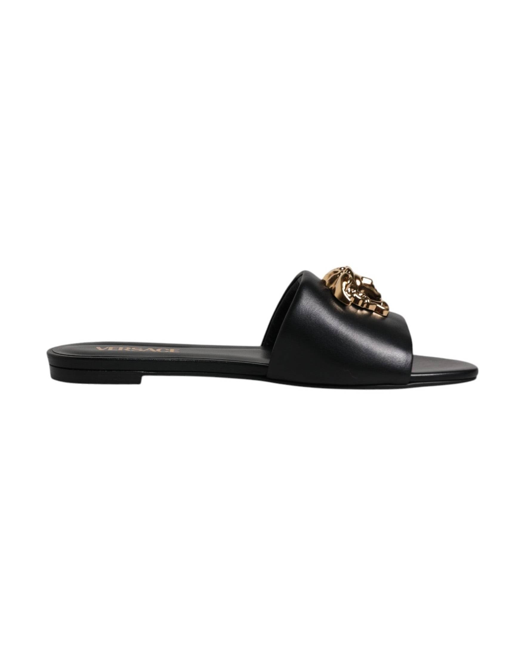 Versace Black Leather Logo Plaque Slip On Slides Flats Shoes Glam Steals