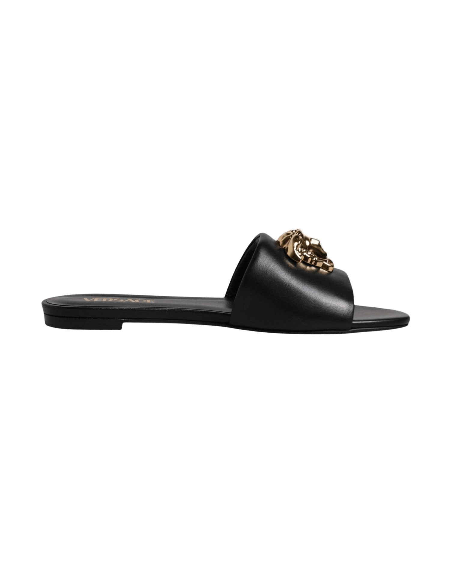 Versace Black Leather Logo Plaque Slip On Slides Flats Shoes Glam Steals