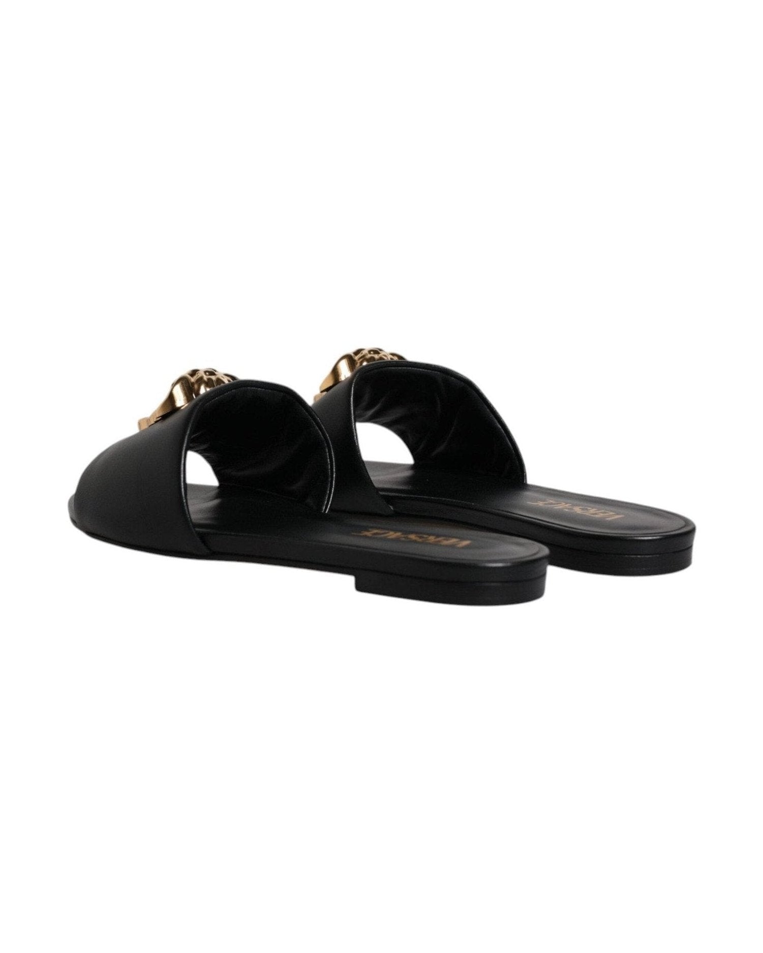 Versace Black Leather Logo Plaque Slip On Slides Flats Shoes Glam Steals