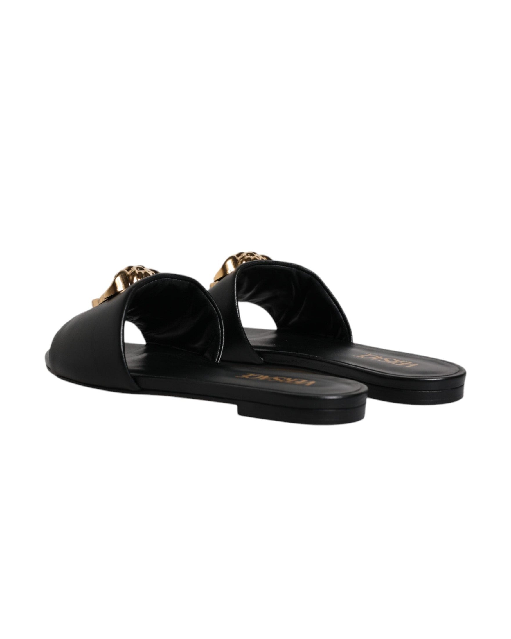Versace Black Leather Logo Plaque Slip On Slides Flats Shoes Glam Steals