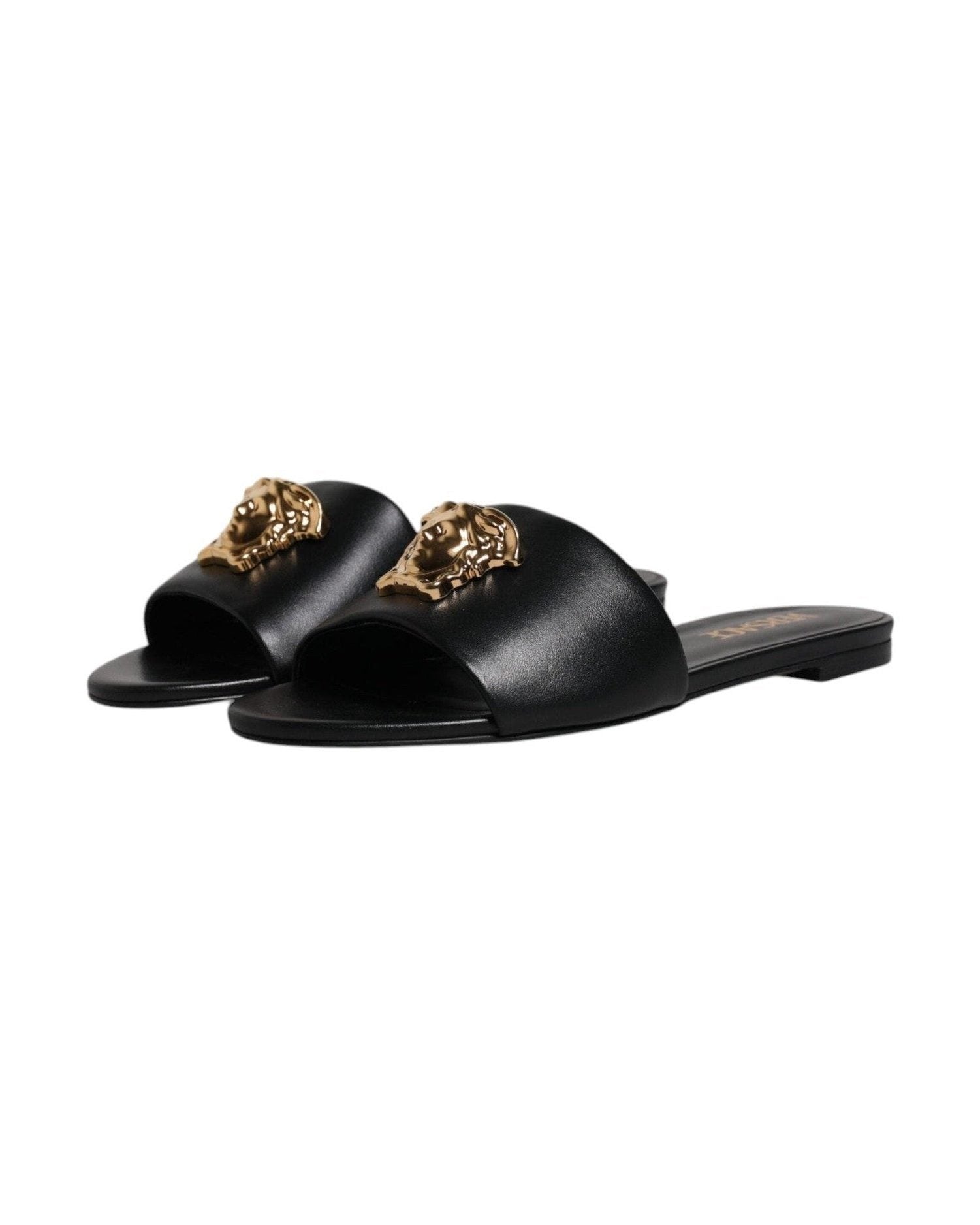 Versace Black Leather Logo Plaque Slip On Slides Flats Shoes Glam Steals