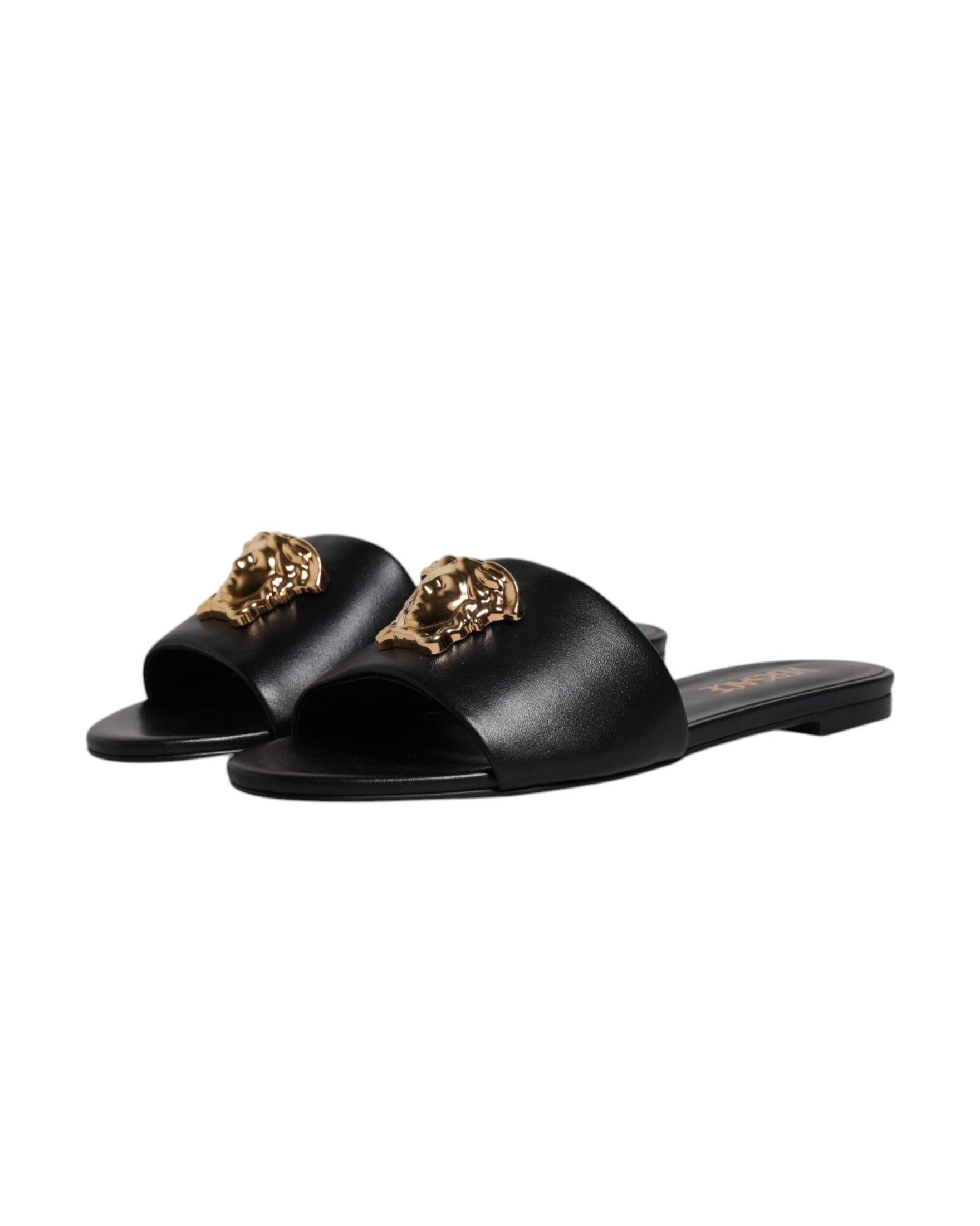 Versace Black Leather Logo Plaque Slip On Slides Flats Shoes Glam Steals