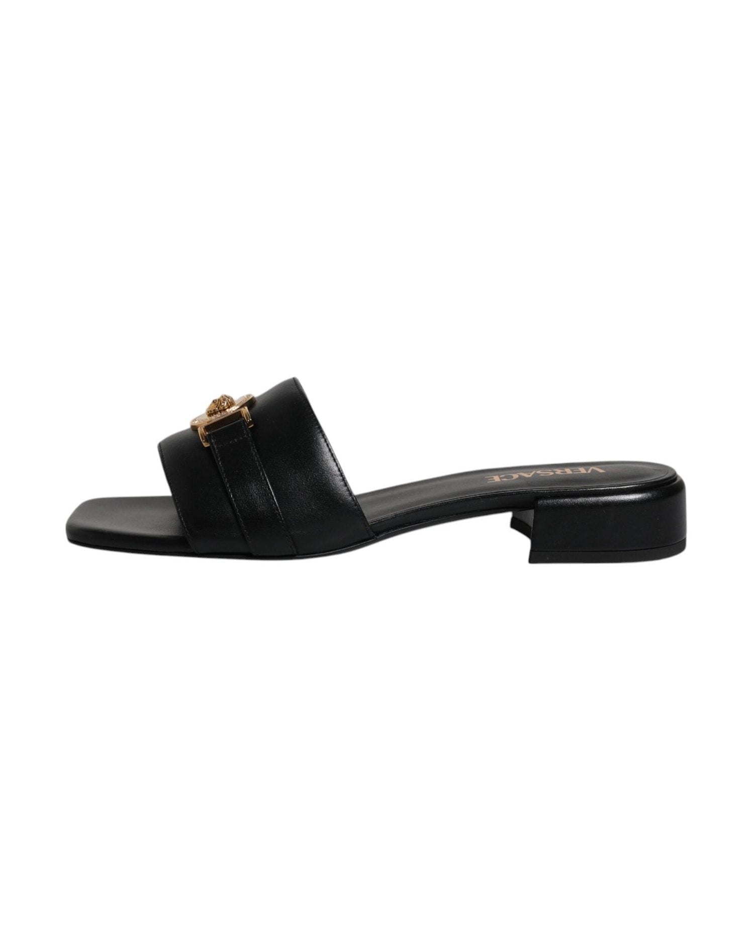 Versace Black Leather Logo Plaque Slip On Slides Flats Shoes Glam Steals