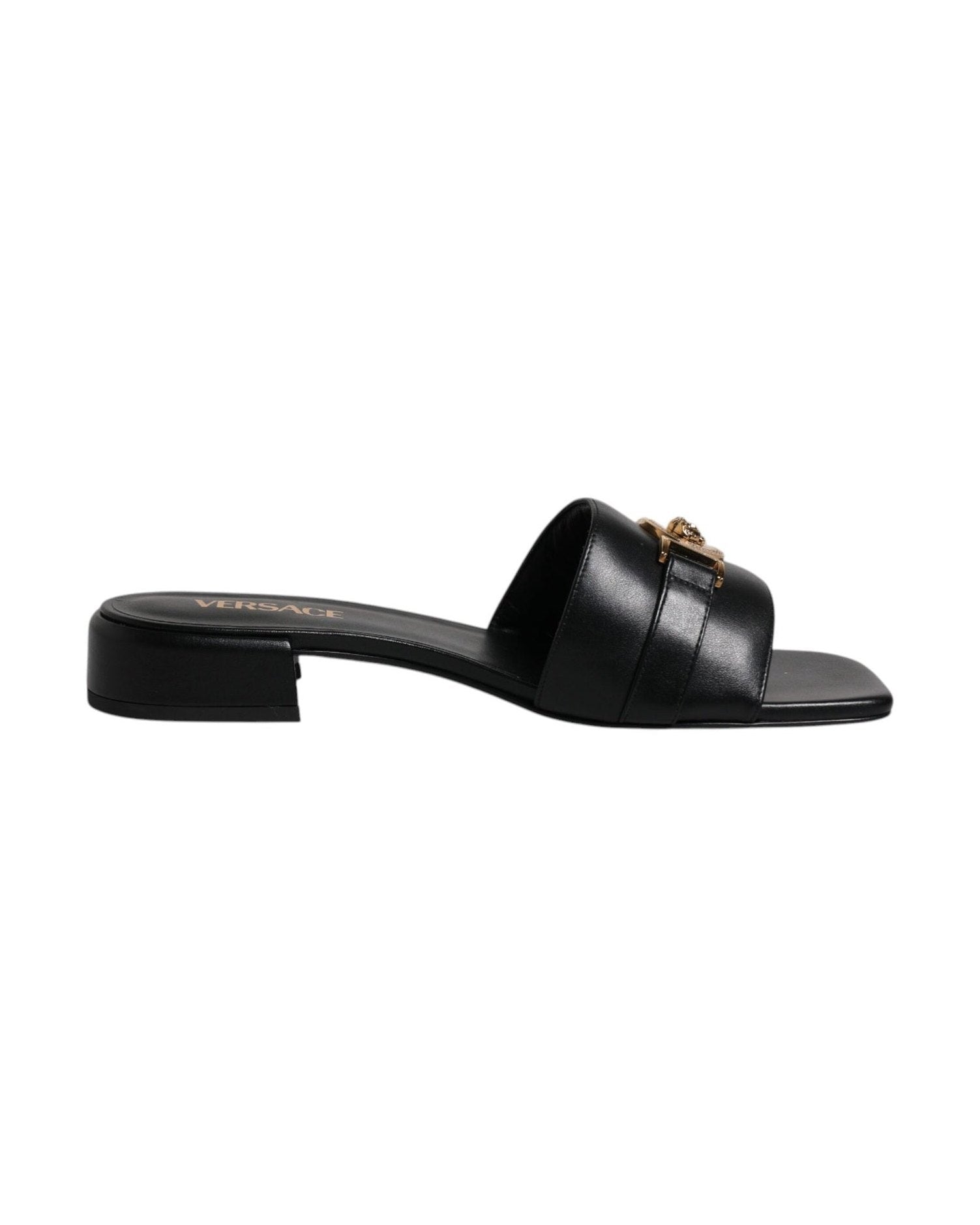 Versace Black Leather Logo Plaque Slip On Slides Flats Shoes Glam Steals