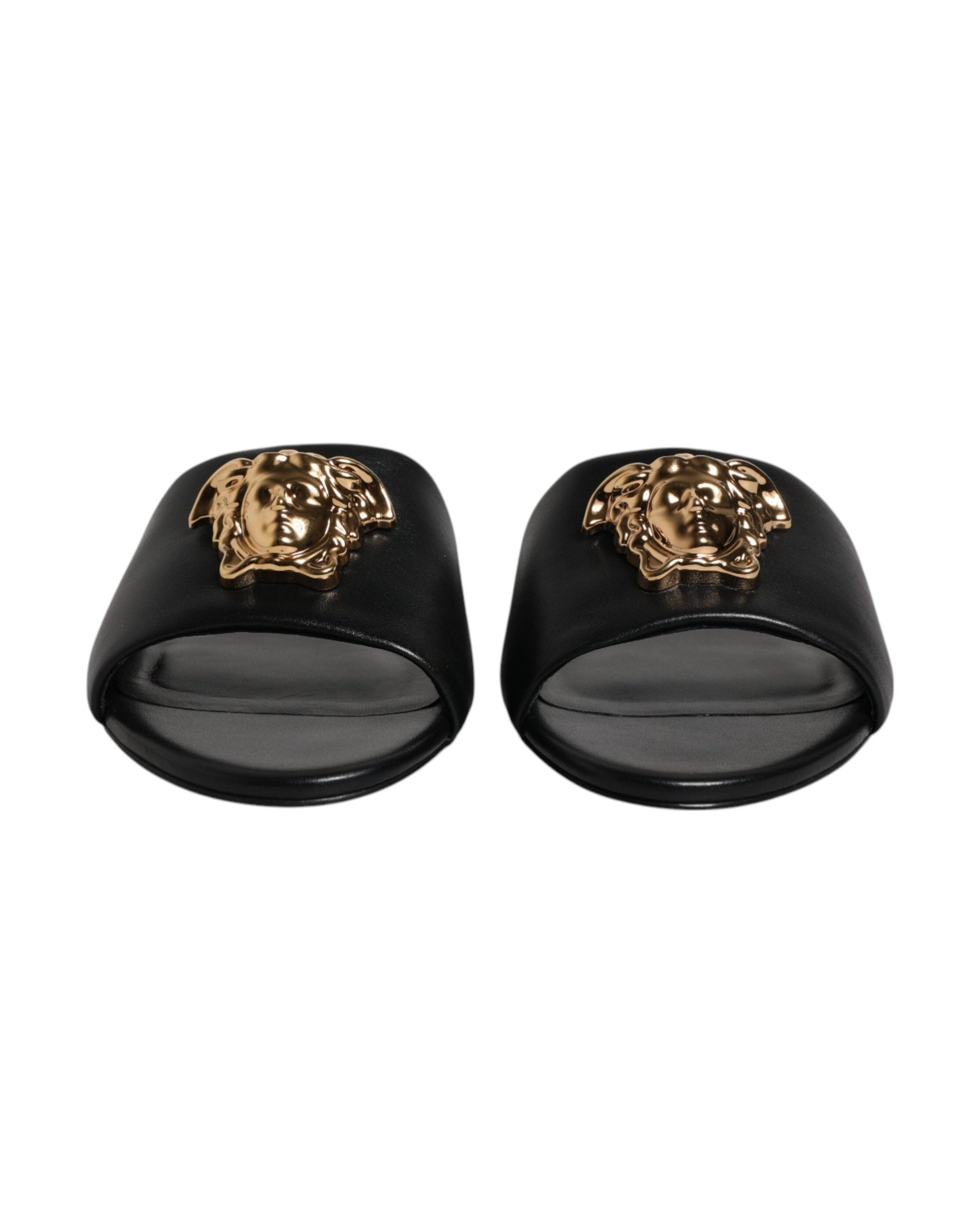 Versace Black Leather Logo Plaque Slip On Slides Flats Shoes Glam Steals
