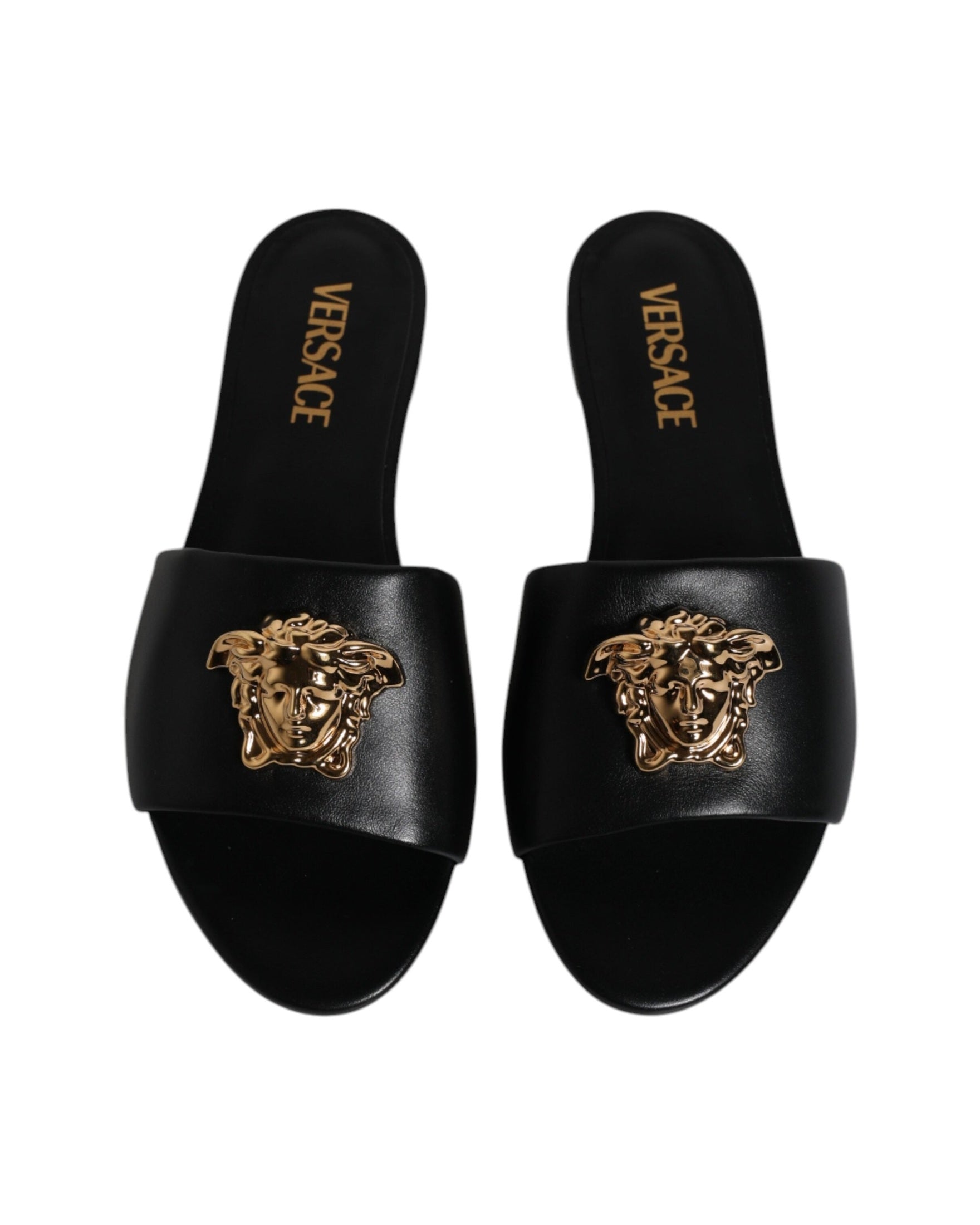 Versace Black Leather Logo Plaque Slip On Slides Flats Shoes Glam Steals