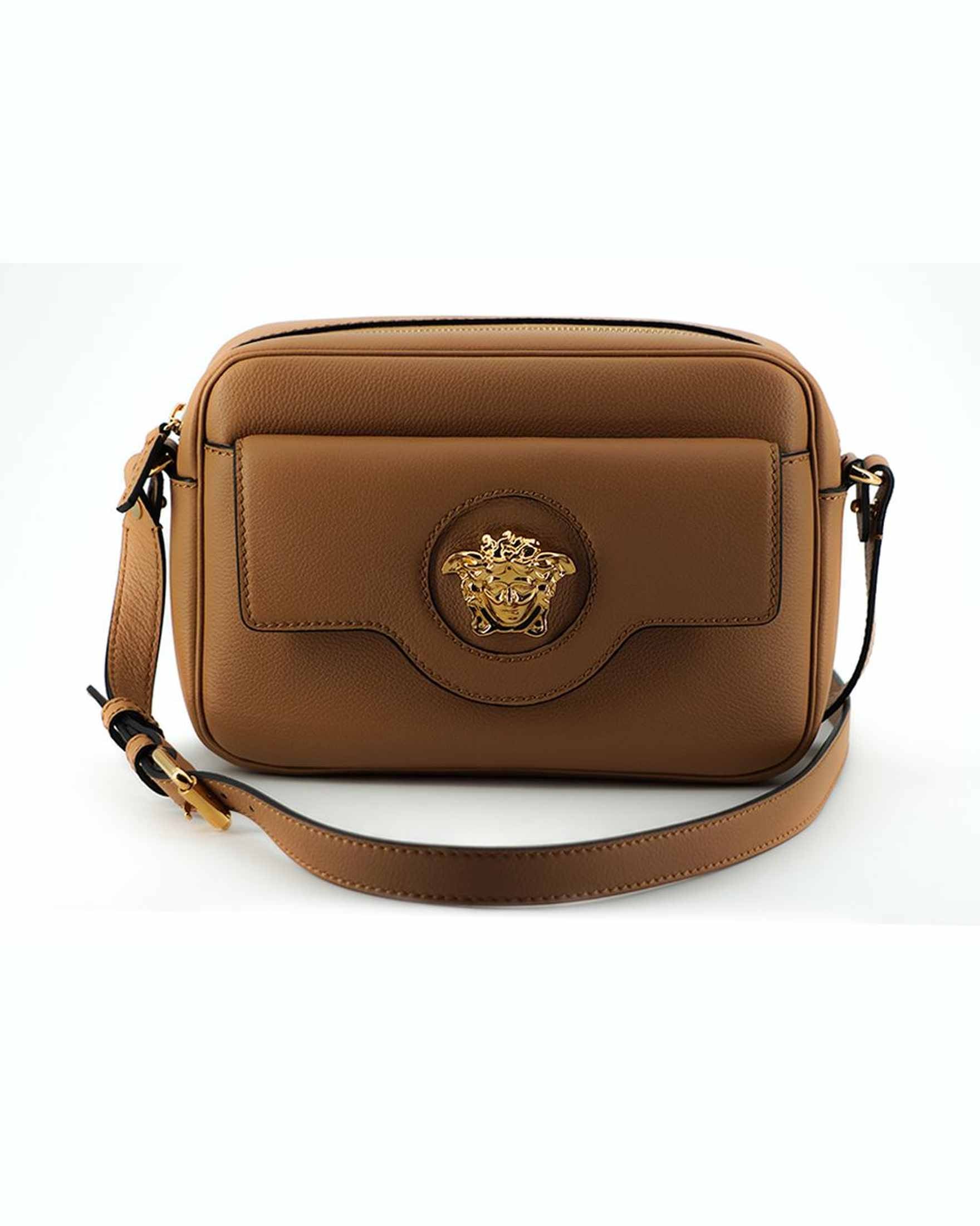 Versace Elegant Leather Camera Case Shoulder Brown Bag Glam Steals