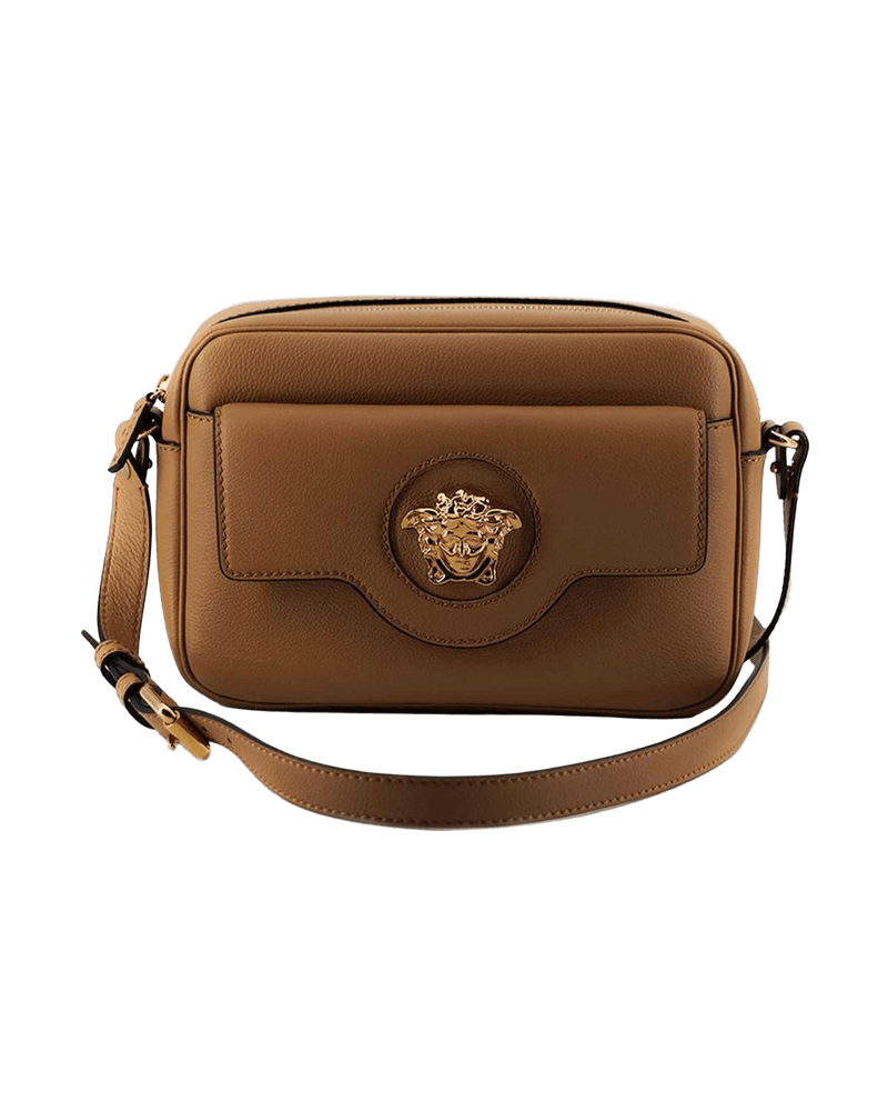Versace Elegant Brown Leather Camera Case Shoulder Bag Glam Steals