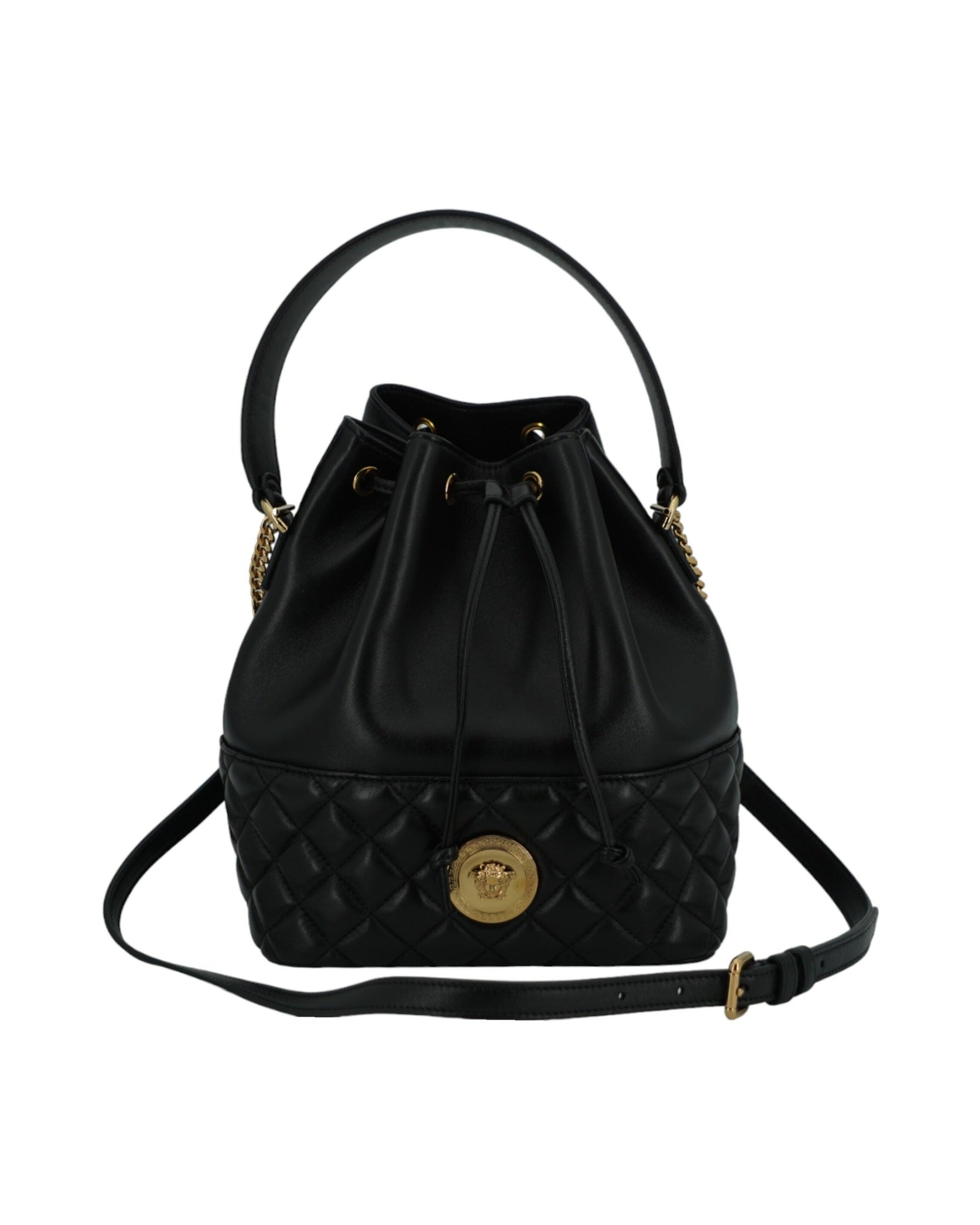 Versace Elegant Leather Medusa Bucket Shoulder Black Bag Glam Steals