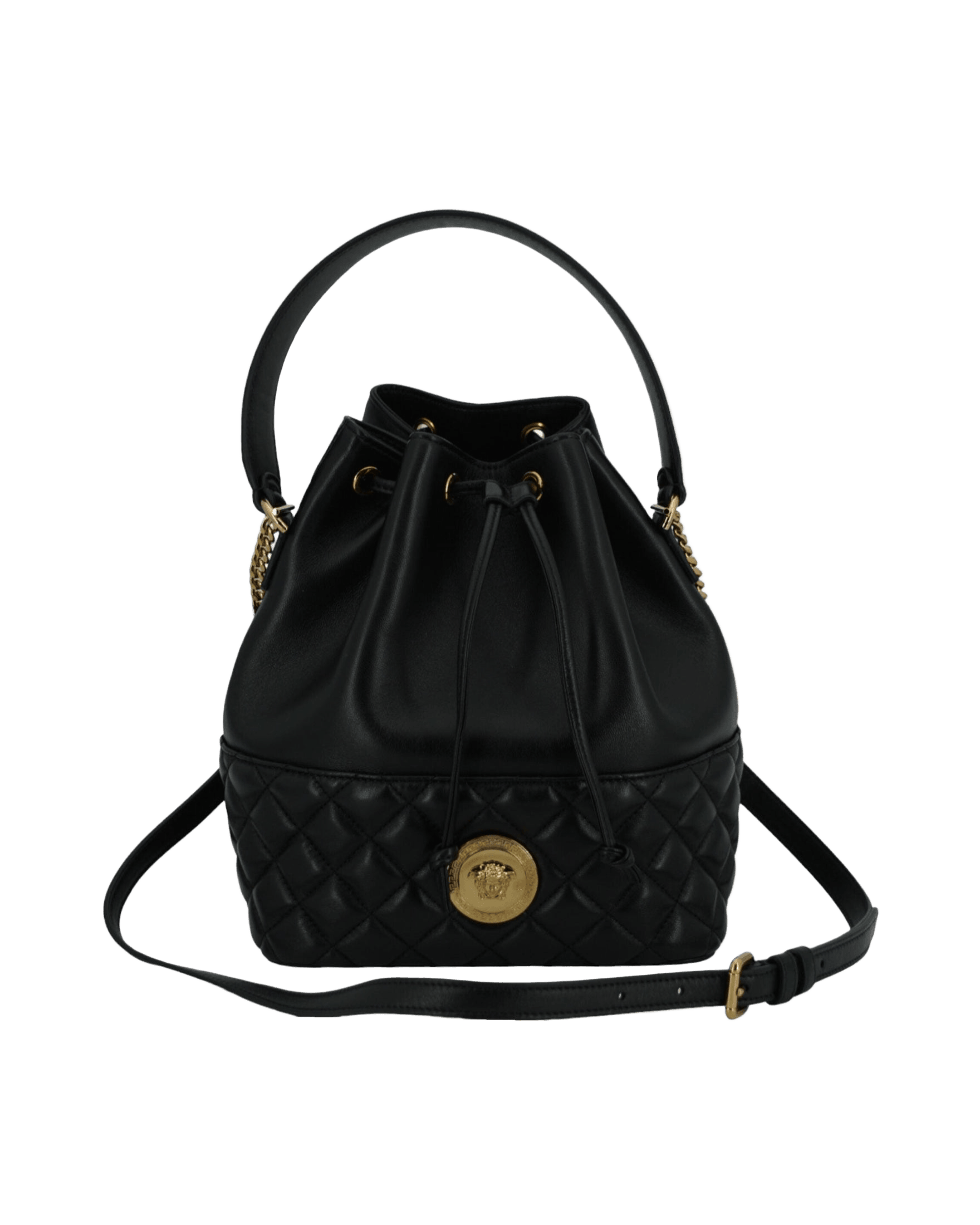 Versace Elegant Leather Medusa Bucket Shoulder Black Bag Glam Steals