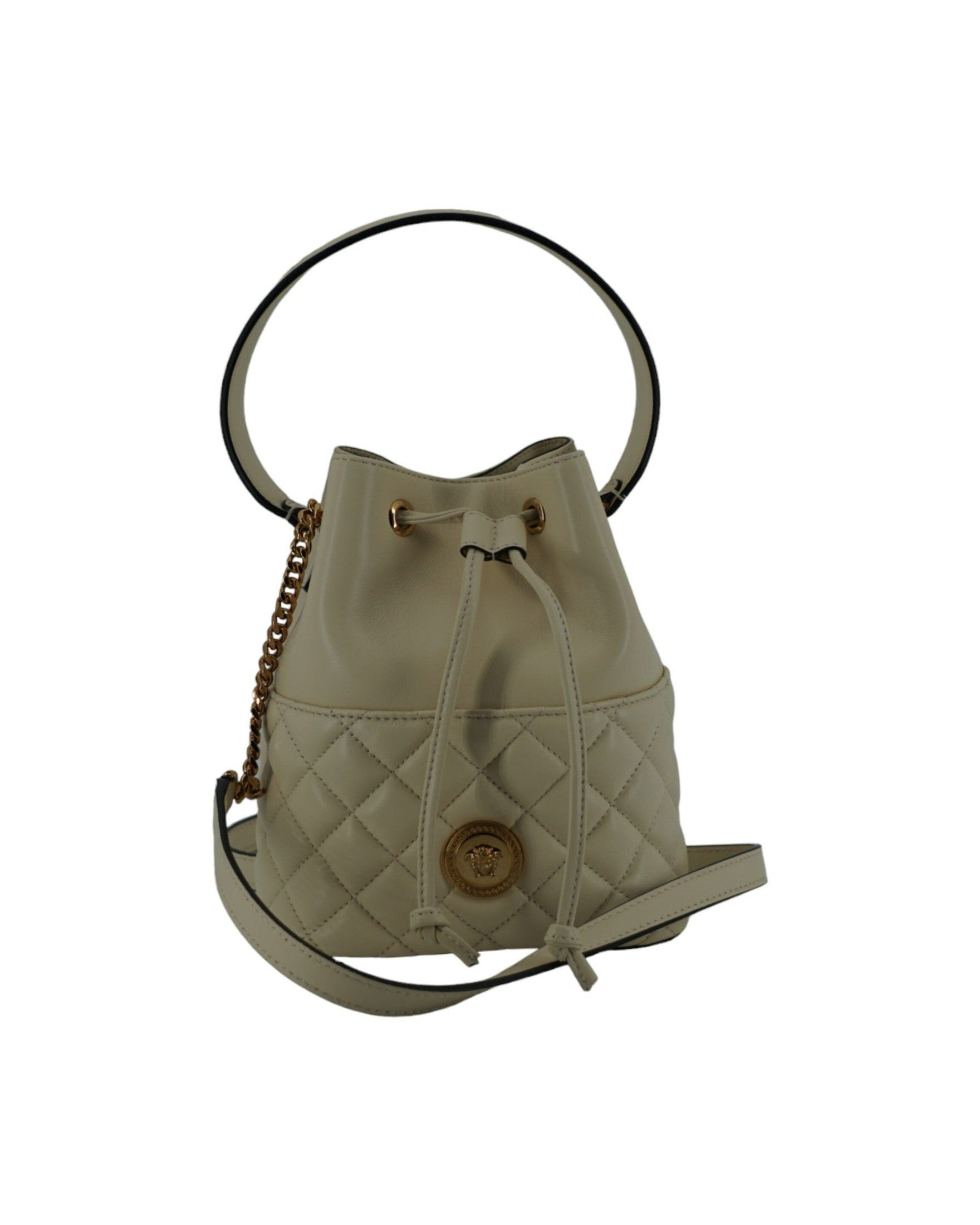 Versace Elegant Small Leather Bucket Shoulder White Bag Glam Steals