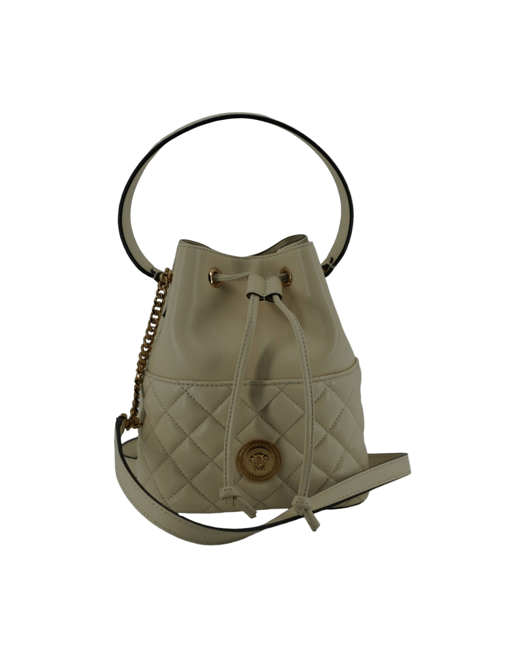 Versace Elegant Small Leather Bucket Shoulder White Bag Glam Steals