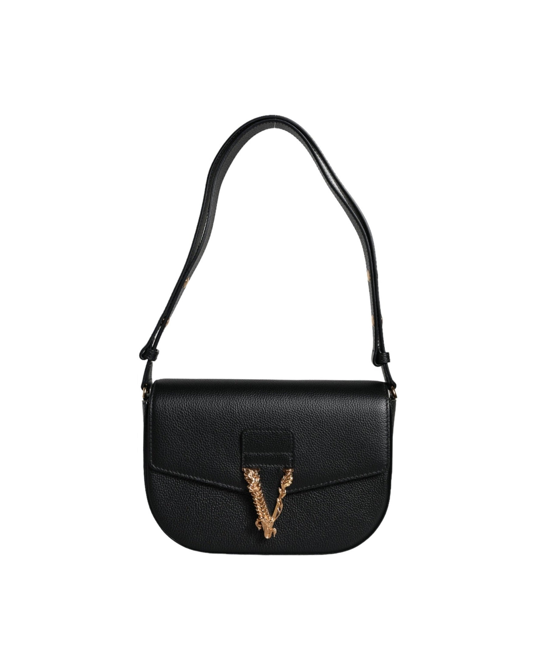 Versace Grainy Calf Leather Logo Crossbody Shoulder Black Bag Glam Steals