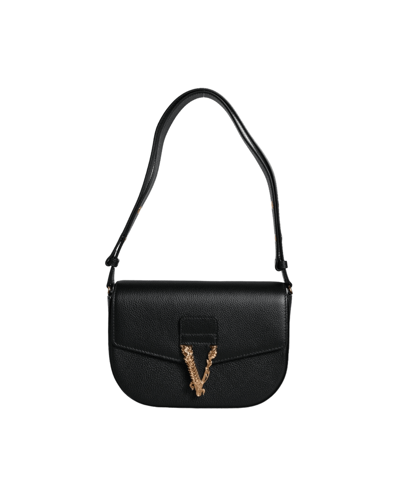 Versace Grainy Black Calf Leather Logo Crossbody Shoulder Bag Glam Steals