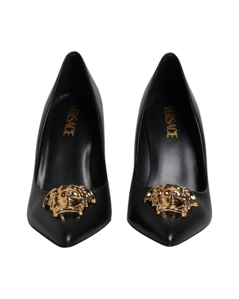 Versace Black Leather Logo Plaque High Heels Pumps Shoes Glam Steals