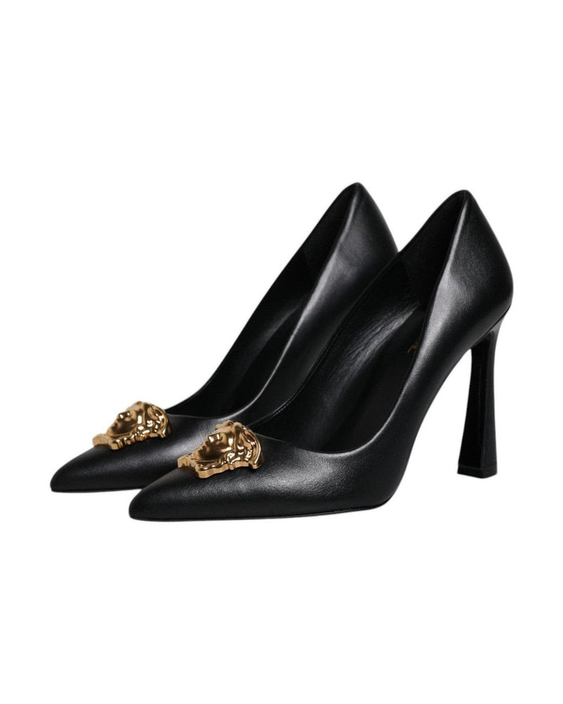 Versace Black Leather Logo Plaque High Heels Pumps Shoes Glam Steals
