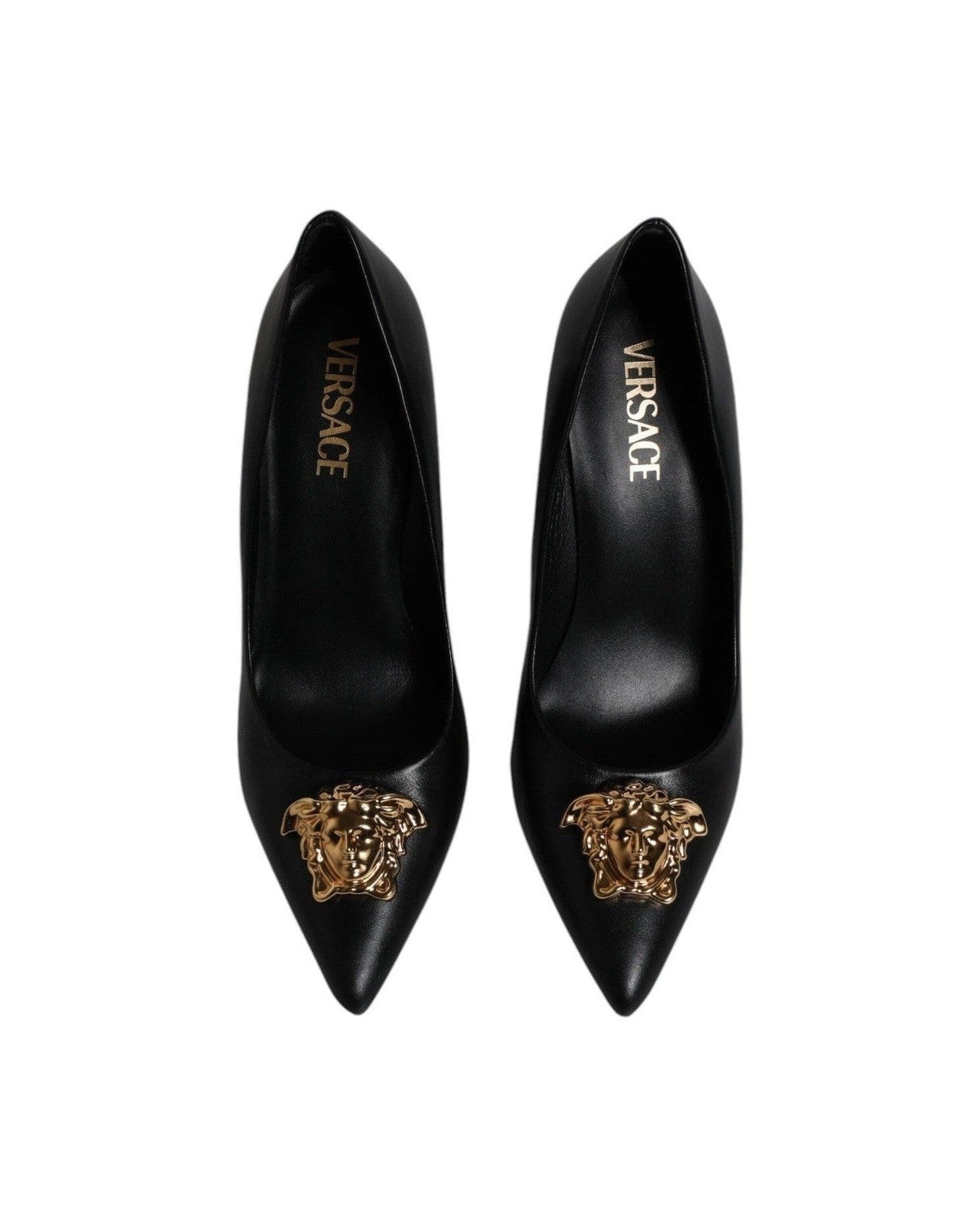 Versace Black Leather Logo Plaque High Heels Pumps Shoes Glam Steals