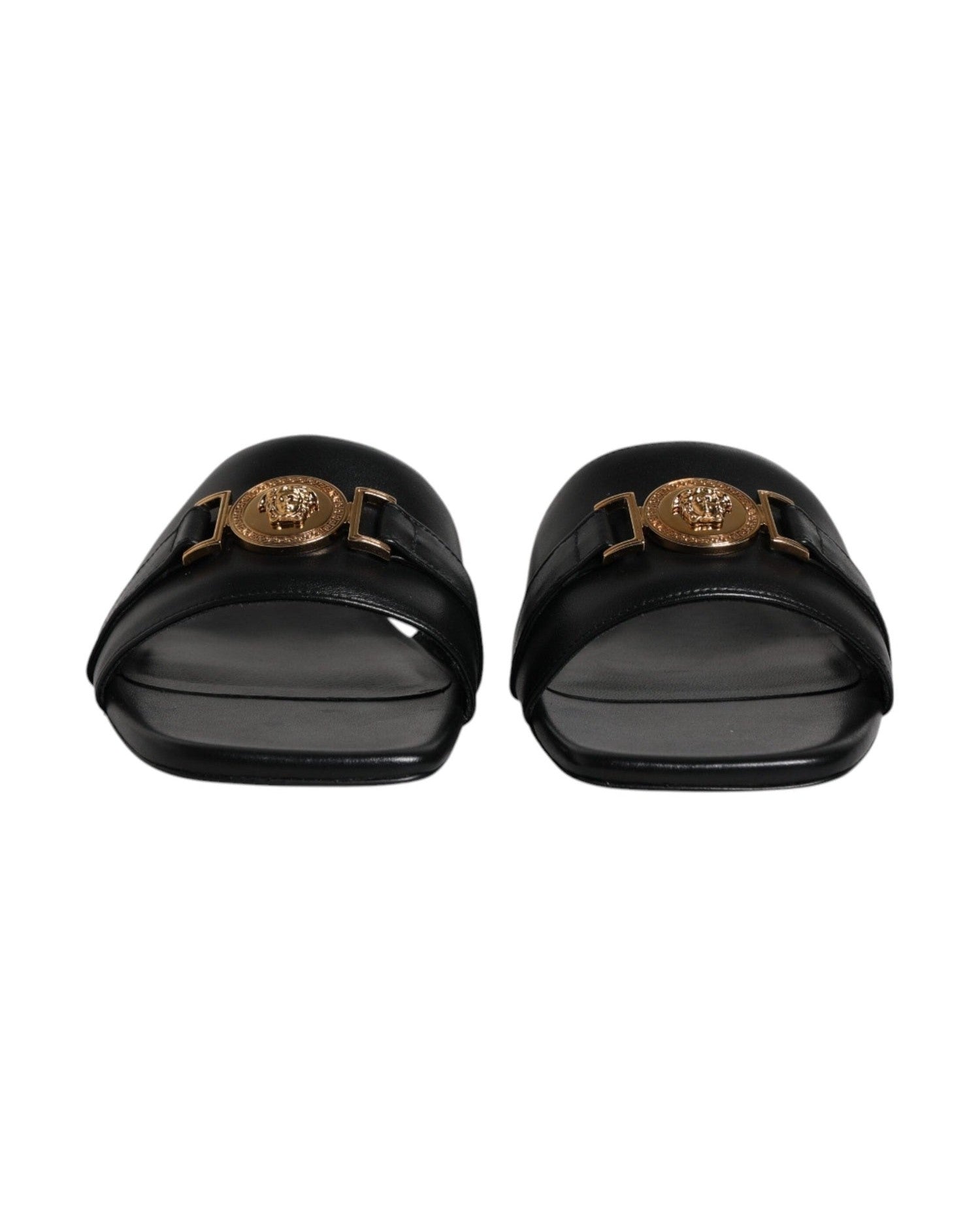 Versace Black Leather Logo Plaque Slip On Slides Flats Shoes Glam Steals