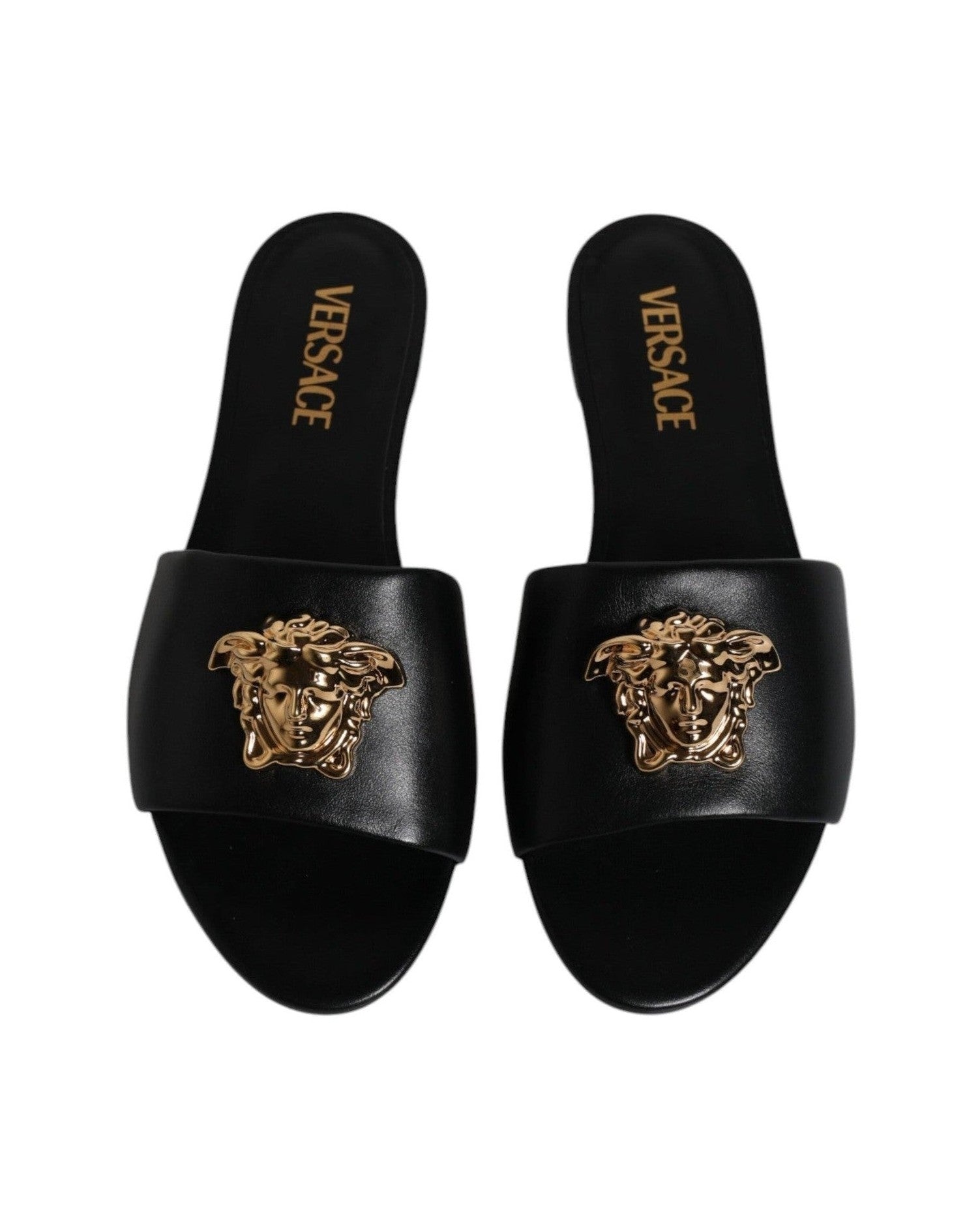 Versace Black Leather Logo Plaque Slip On Slides Flats Shoes Glam Steals