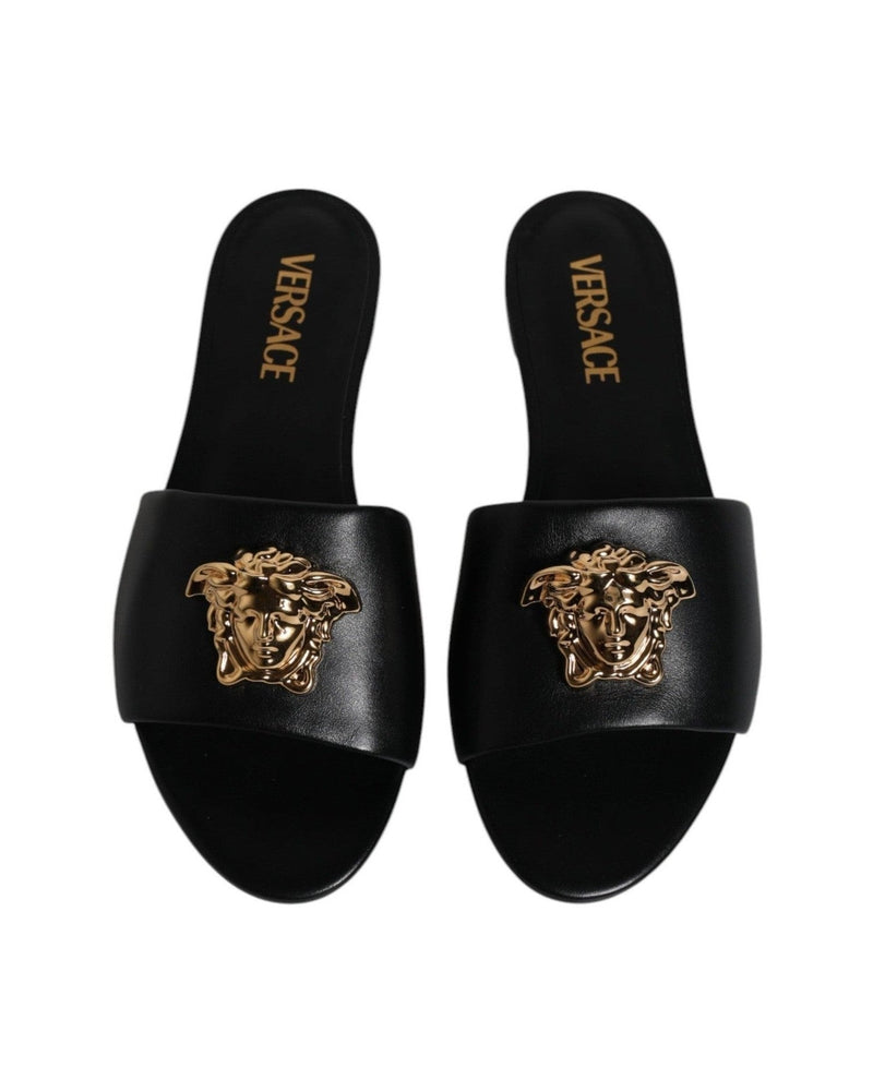 Versace Black Leather Logo Plaque Slip On Slides Flats Shoes Glam Steals