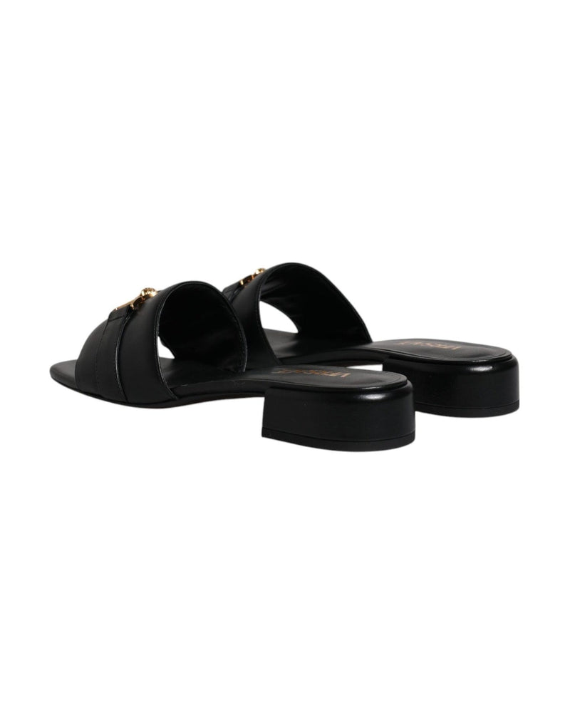 Versace Black Leather Logo Plaque Slip On Slides Flats Shoes Glam Steals