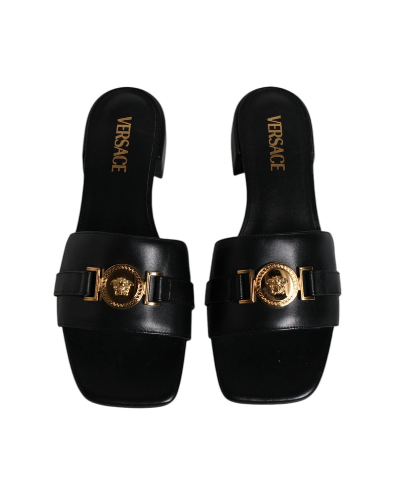 Versace Black Leather Logo Plaque Slip On Slides Flats Shoes Glam Steals