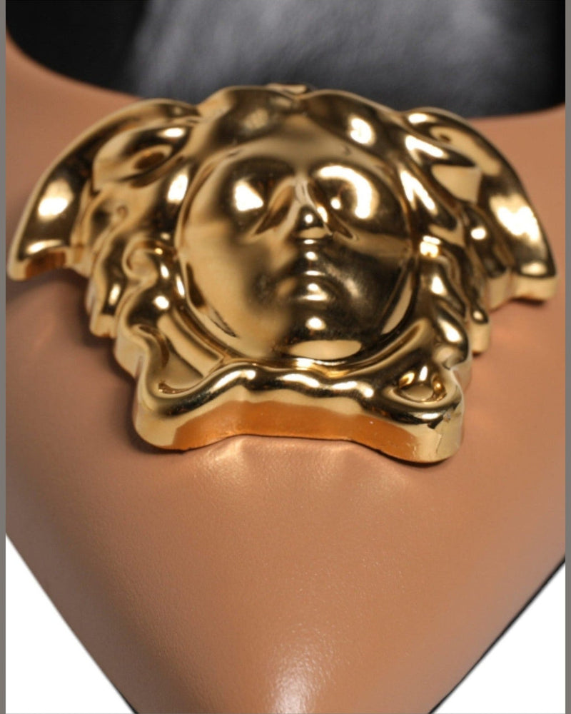 Versace Brown Leather Logo Plaque High Heels Pumps Shoes Glam Steals