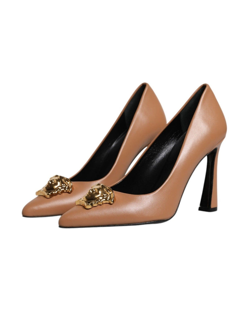 Versace Brown Leather Logo Plaque High Heels Pumps Shoes Glam Steals