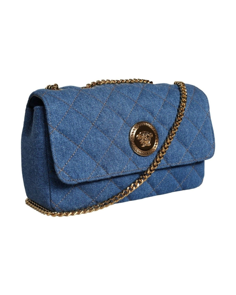 Versace Quilted Denim Leather Crossbody Shoulder Blue Bag Glam Steals