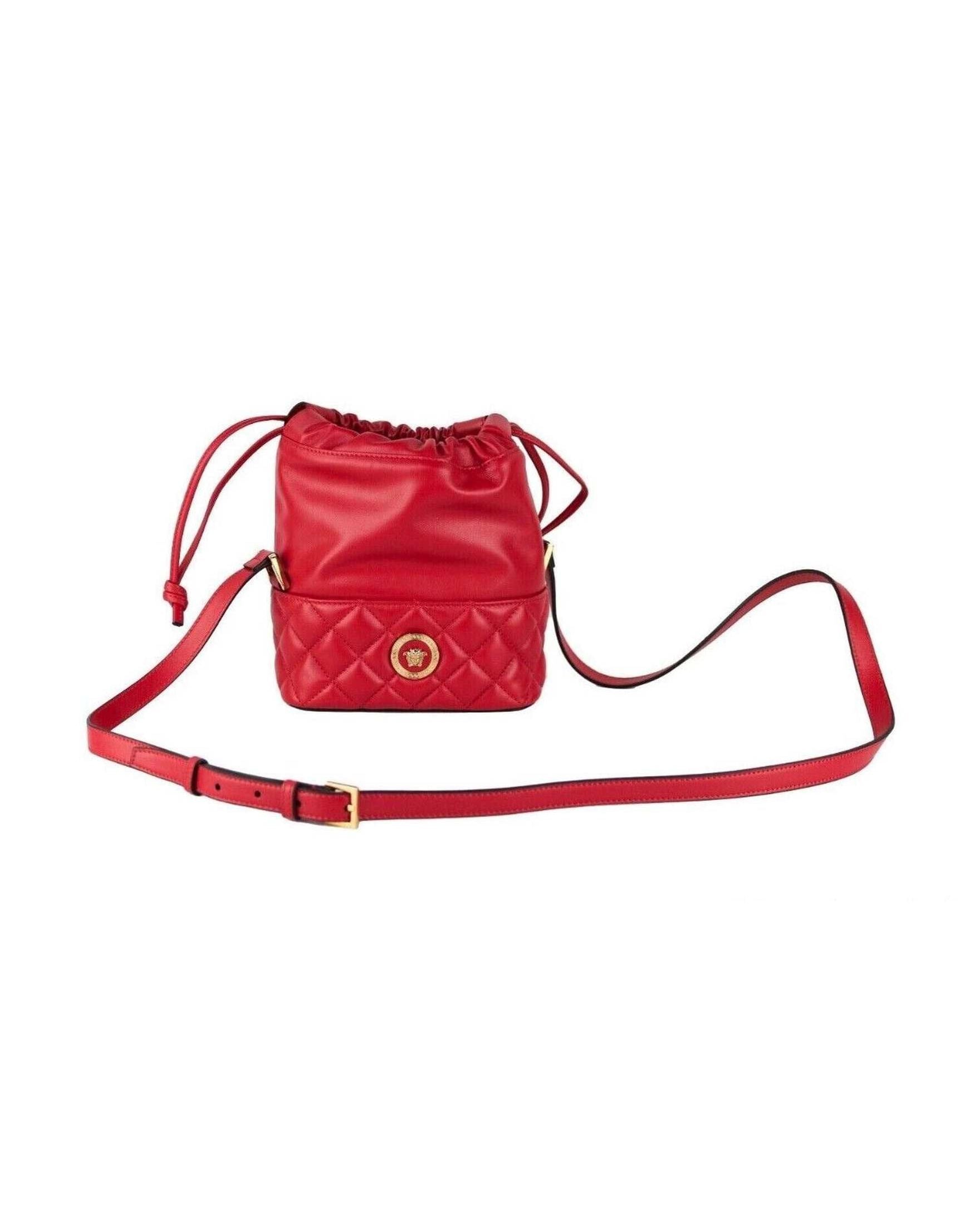 Versace Quilted Leather Drawstring Shoulder Bag Bucket Crossbody Red Handbag Glam Steals