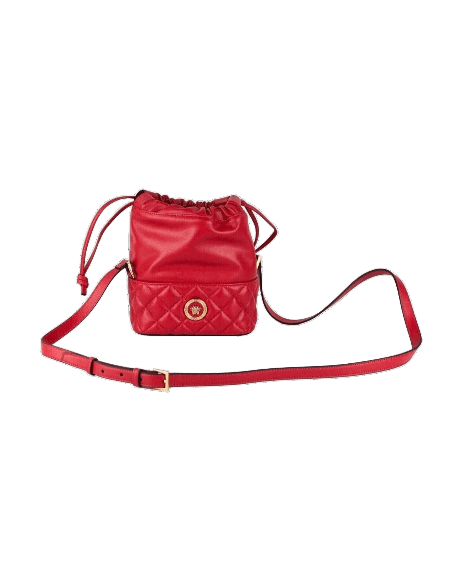 Versace Quilted Leather Drawstring Shoulder Bag Bucket Crossbody Red Handbag Glam Steals