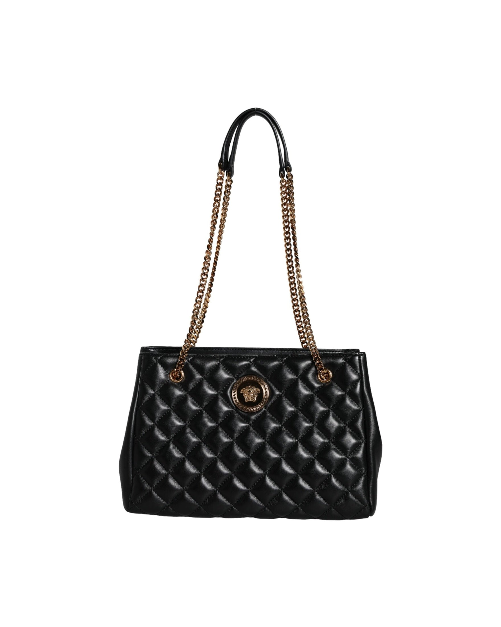 Versace Quilted Nappa Leather Shoulder Chain Strap Black Bag Glam Steals