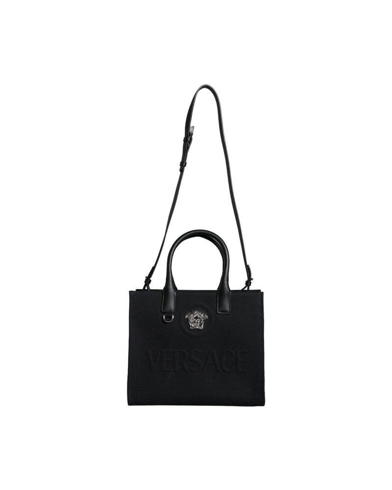 Versace Top Handle Canvas Leather Logo Crossbody Tote Black Bag Glam Steals