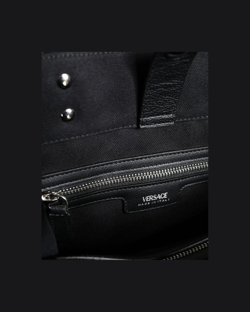 Versace Top Handle Canvas Leather Logo Crossbody Tote Black Bag Glam Steals