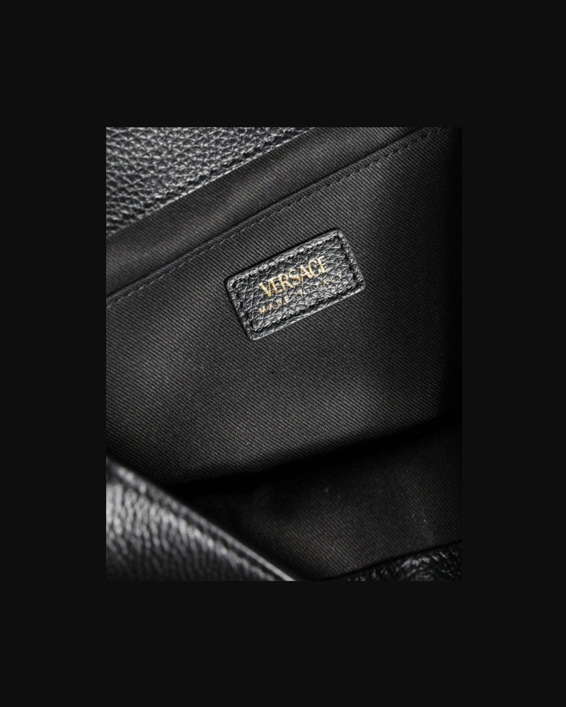 Versace Top Handle Grainy Calfskin Leather Crossbody Black Bag Glam Steals