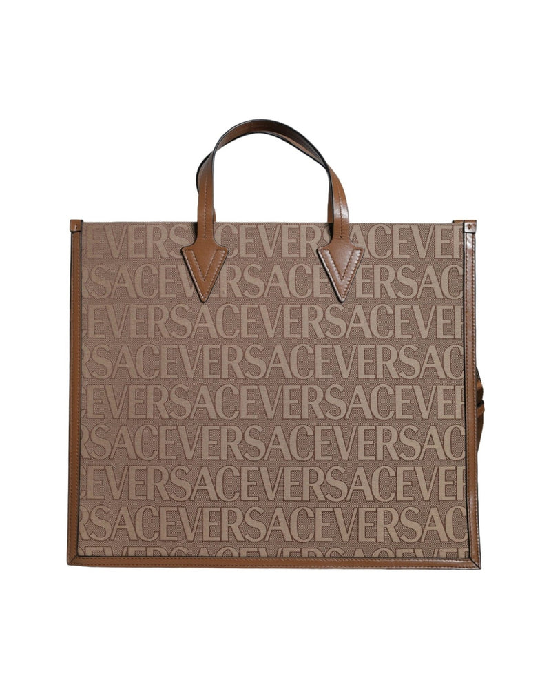 Versace Top Handle Jacquard Leather Logo Crossbody Tote Brown Bag Glam Steals