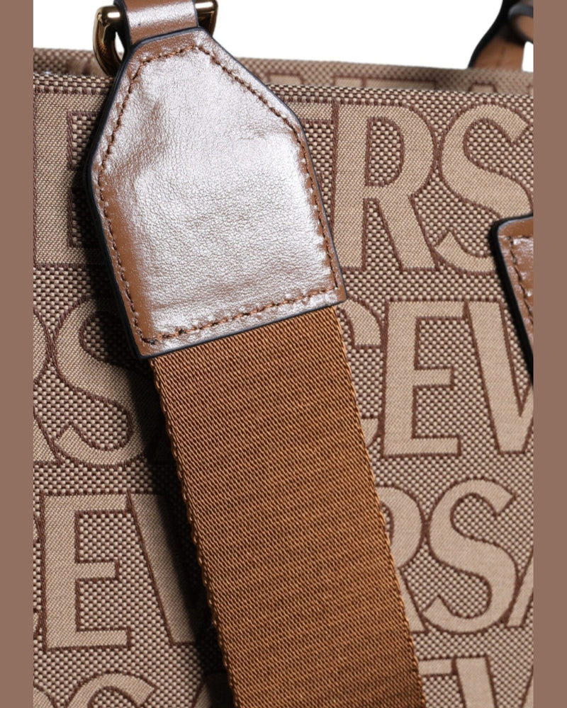 Versace Top Handle Jacquard Leather Logo Crossbody Tote Brown Bag Glam Steals