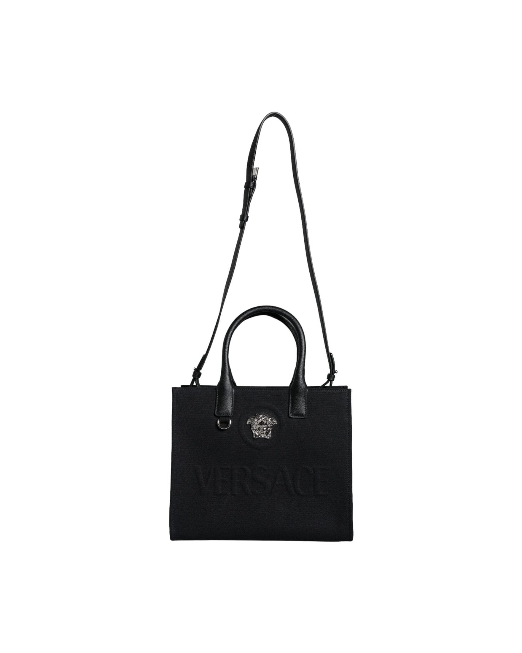 Versace Top Handle Canvas Leather Logo Crossbody Tote Black Bag Glam Steals