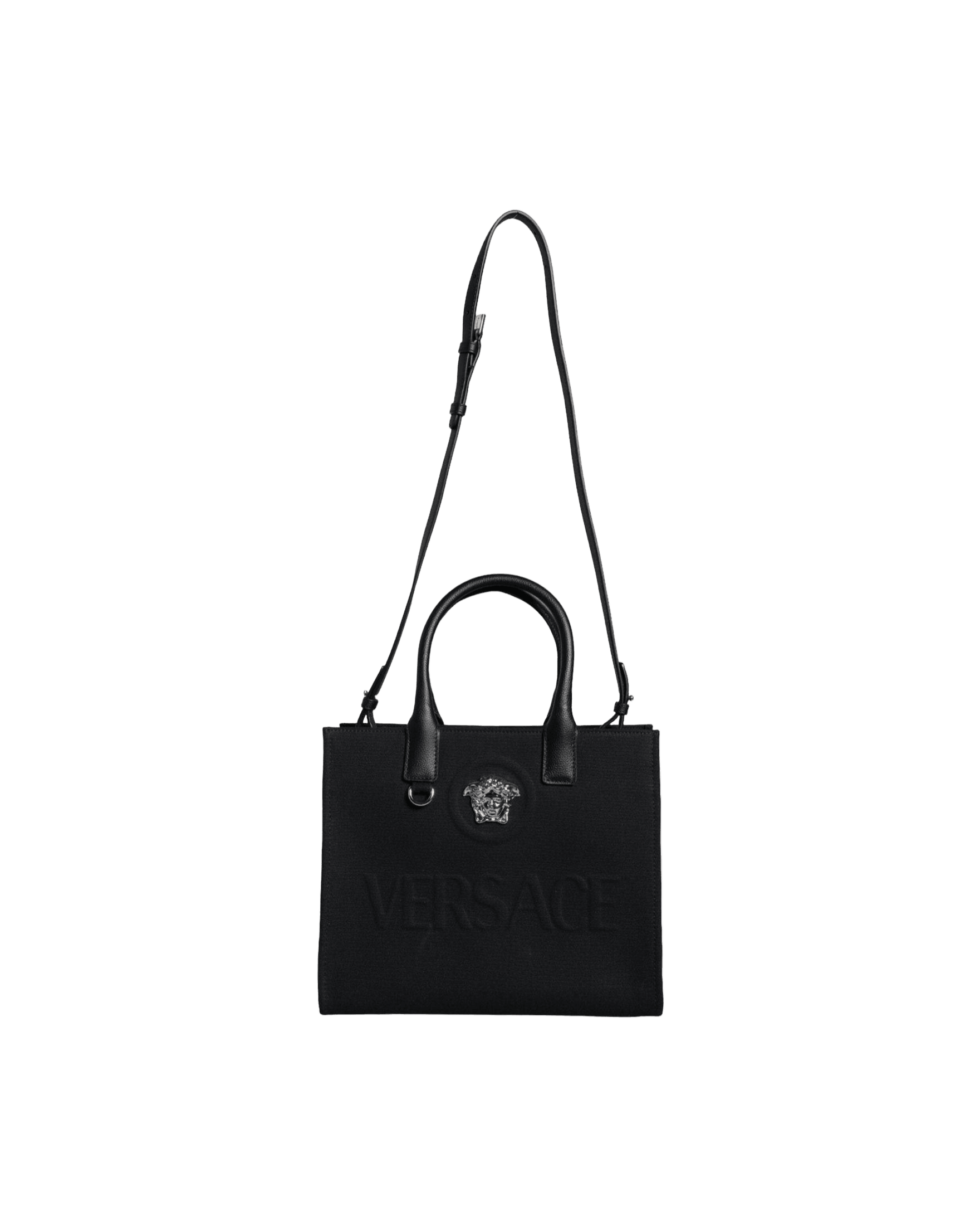 Versace Top Handle Canvas Leather Logo Crossbody Tote Black Bag Glam Steals