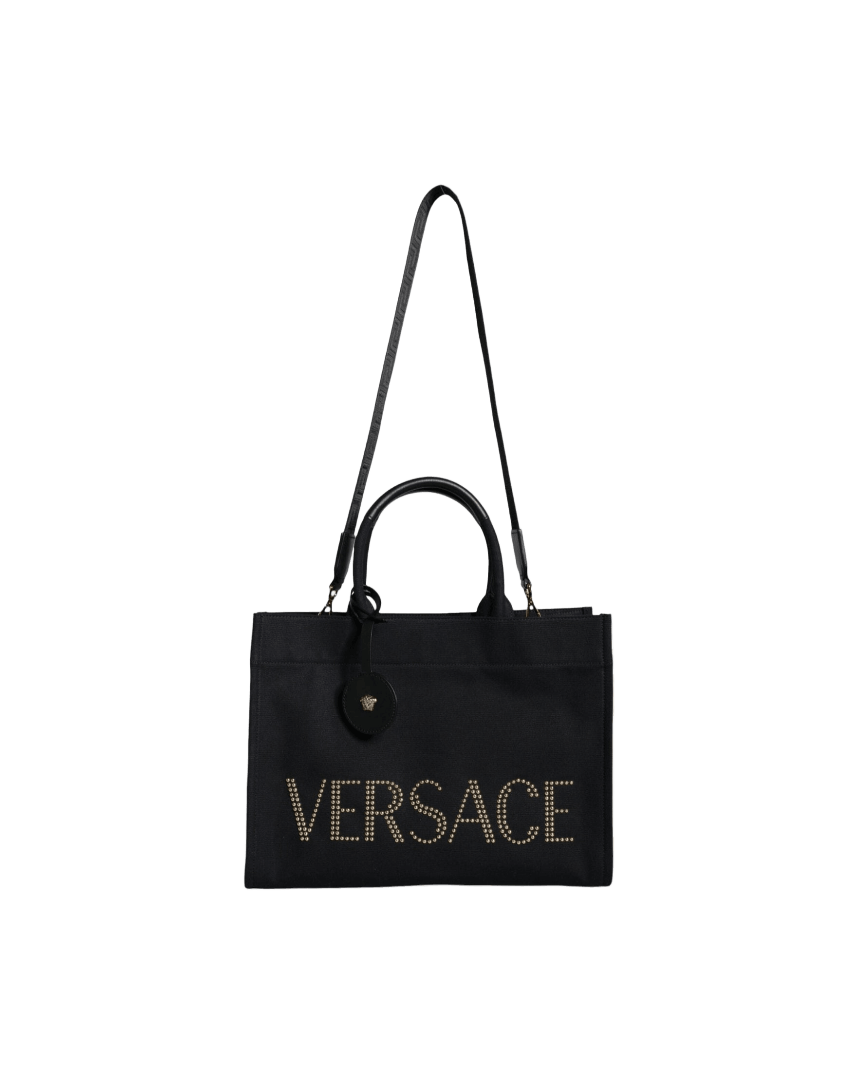 Versace Top Handle Canvas Leather Logo Crossbody Tote Black Bag Glam Steals