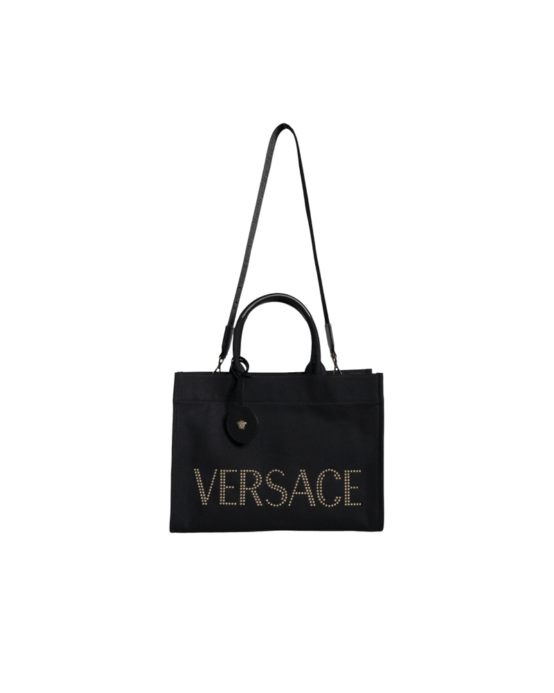Versace Top Black Handle Canvas Leather Logo Crossbody Tote Bag Glam Steals