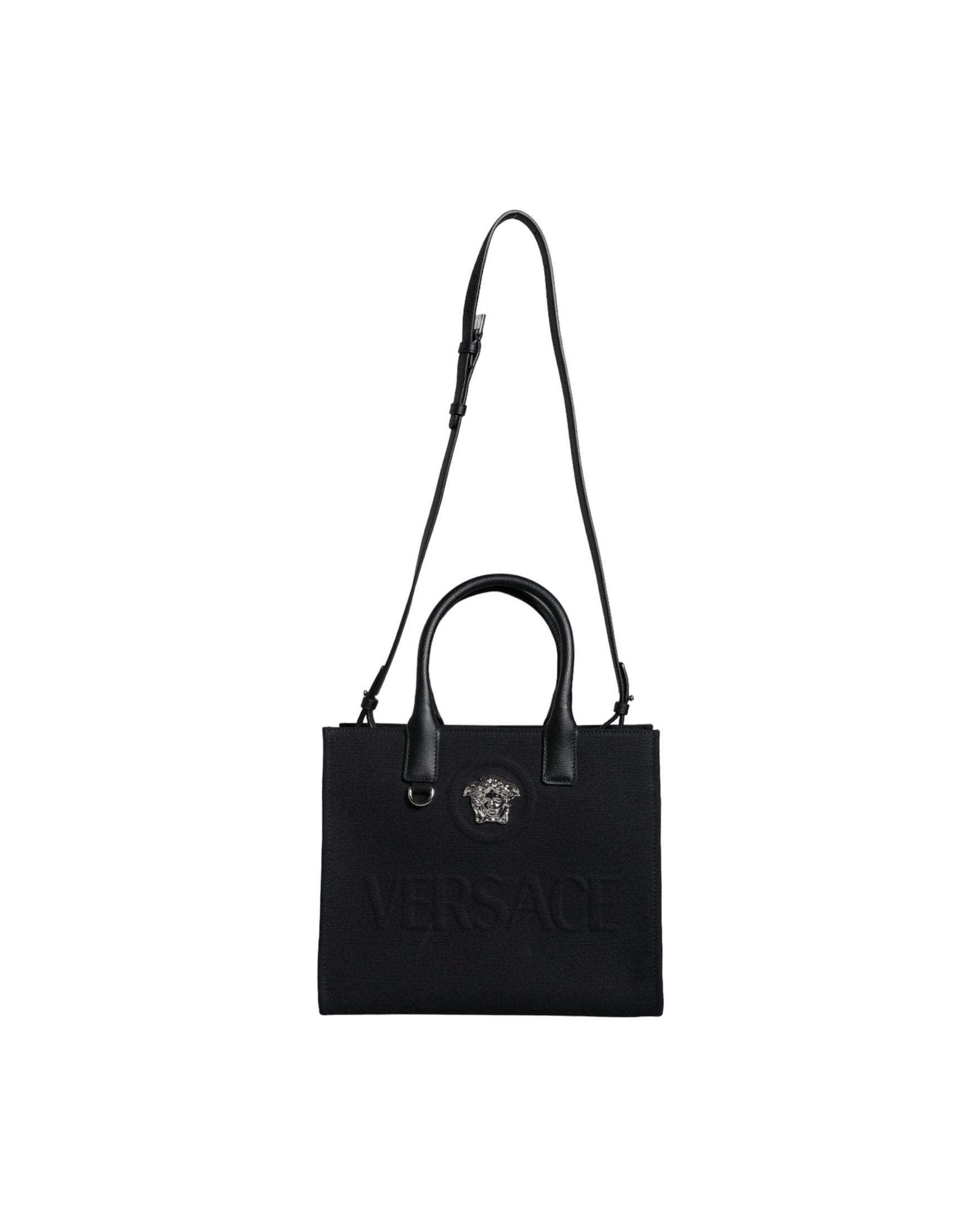 Versace Top Handle Canvas Leather Logo Crossbody Tote Black Bag Glam Steals