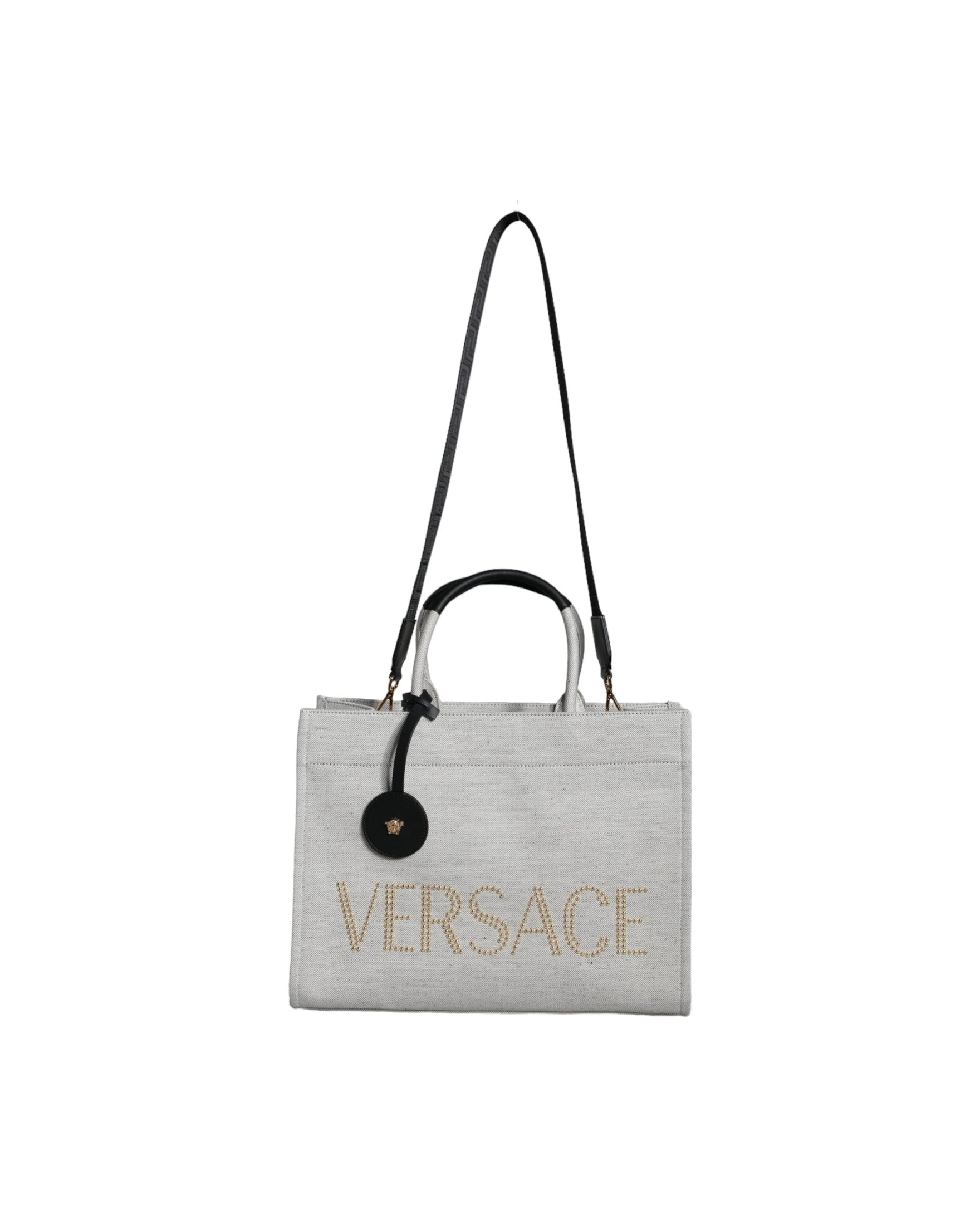 Versace Top Handle Canvas Leather Logo Crossbody Tote White Bag Glam Steals