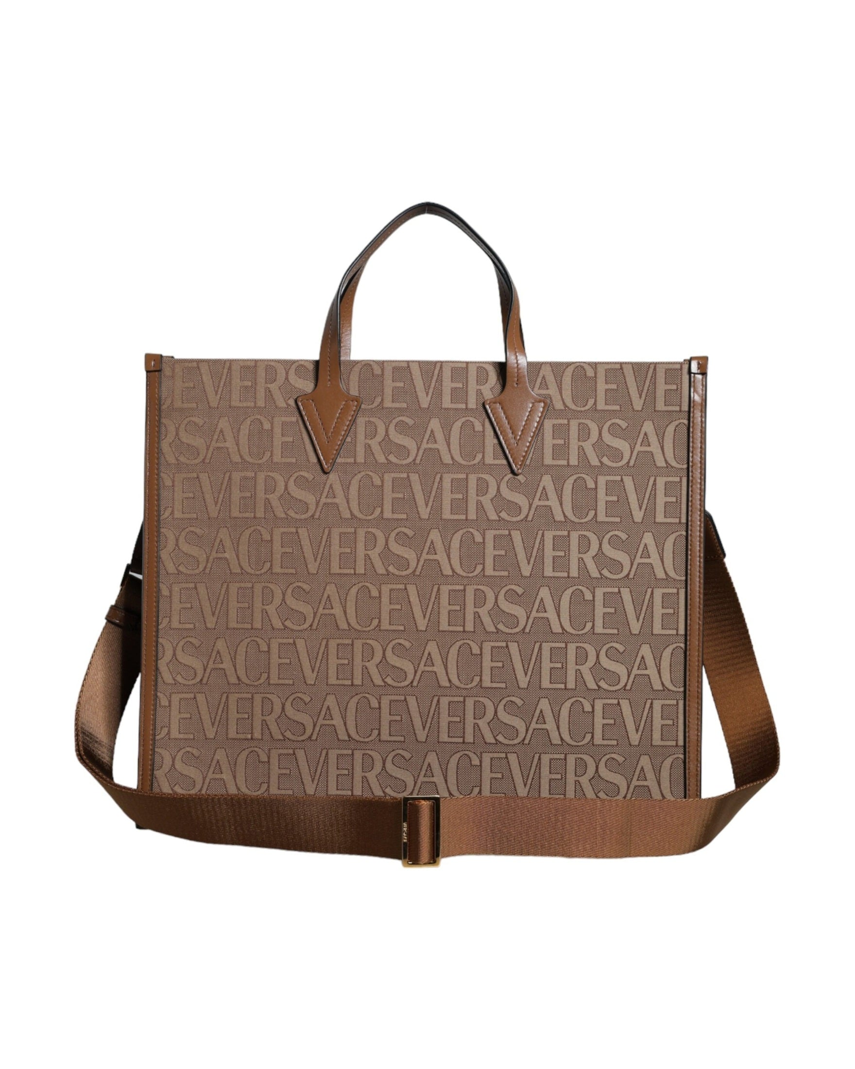 Versace Top Handle Jacquard Leather Logo Crossbody Tote Brown Bag Glam Steals