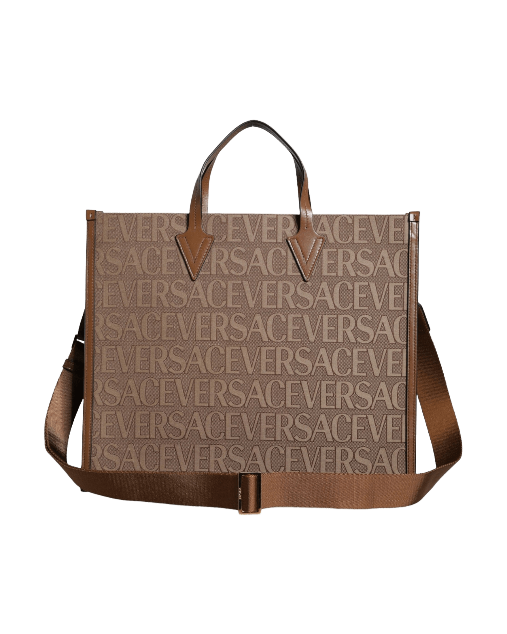 Versace Top Handle Jacquard Leather Logo Crossbody Tote Brown Bag Glam Steals